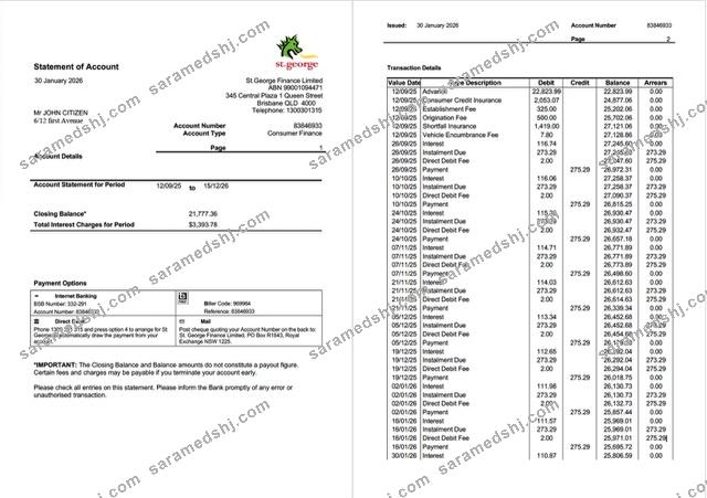 Australia St.George Bank statement of account Word and PDF template, 2 pages